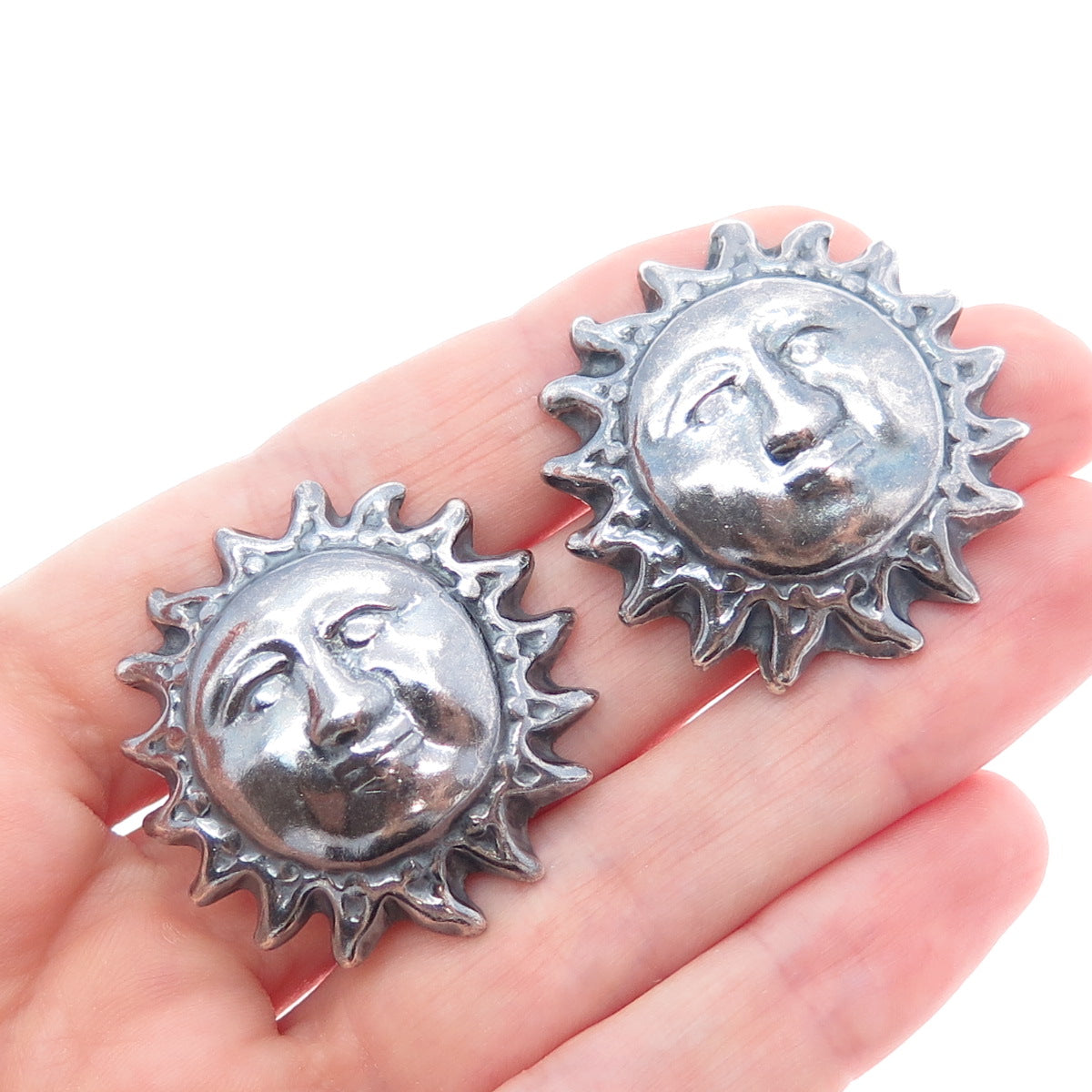 925 Sterling Silver Vintage Mexico Sun Face God Oxidized Earrings