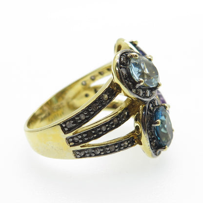 925 Sterling Silver Gold Plated Diamond Amethyst Swiss Blue Topaz Ring Size 7.5