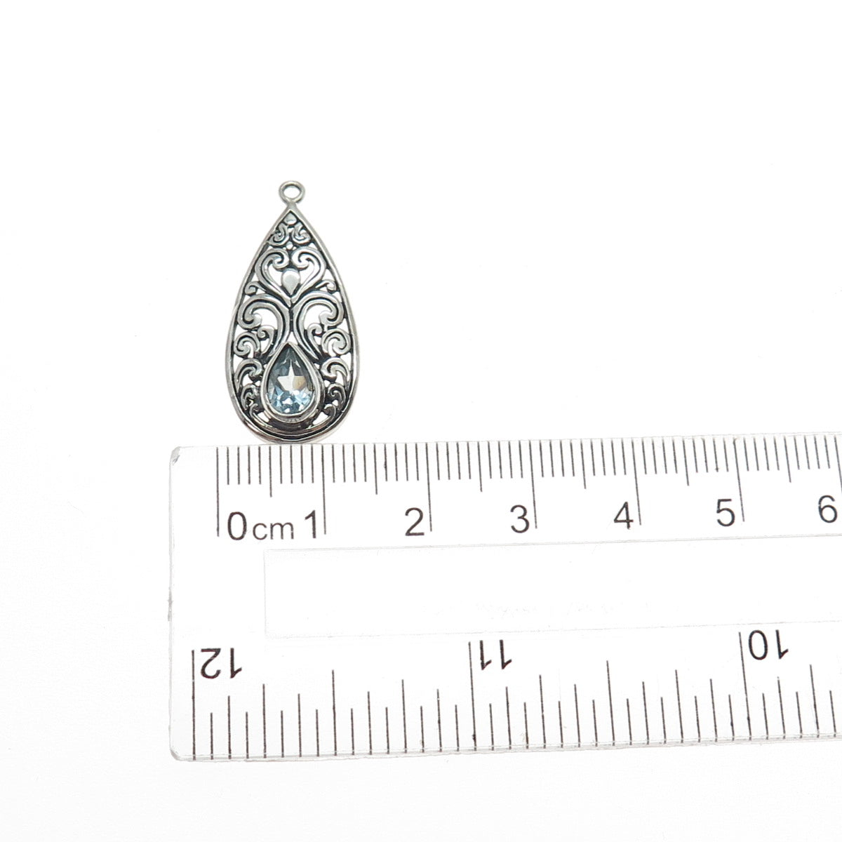 925 Sterling Silver Vintage Real Blue Topaz Ornate Teardrop Oxidized Pendant