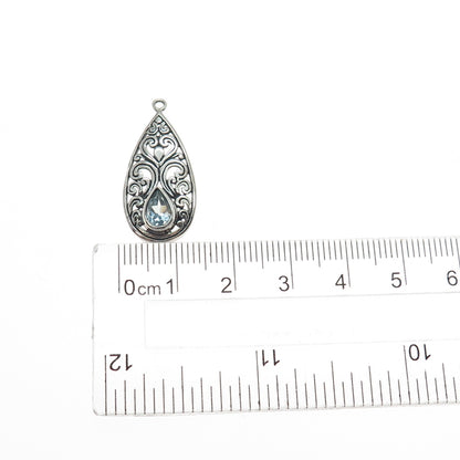 925 Sterling Silver Vintage Real Blue Topaz Ornate Teardrop Oxidized Pendant