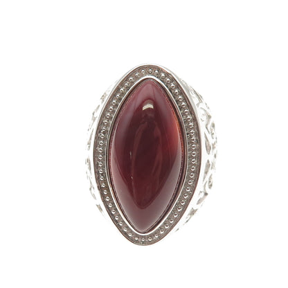 Ken Crafts 925 Sterling Silver Real Red Agate Floral Scroll Ring Size 9