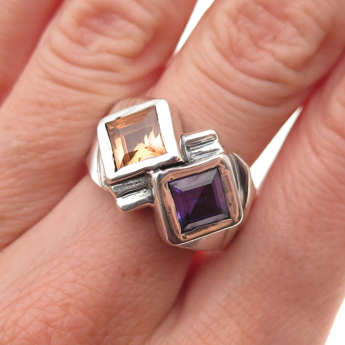 925 Sterling Silver Vintage Lab-Created Multi-Sapphire Modernist Ring Size 6.5