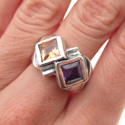 925 Sterling Silver Vintage Lab-Created Multi-Sapphire Modernist Ring Size 6.5