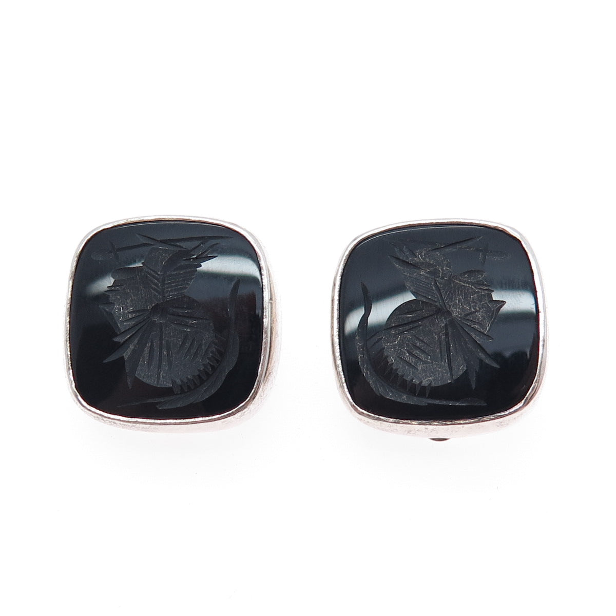 925 Sterling Silver Vintage Real Black Onyx Roman Warrior Clip On Earrings