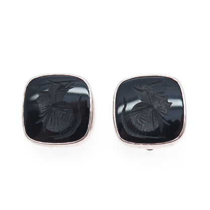 925 Sterling Silver Vintage Real Black Onyx Roman Warrior Clip On Earrings