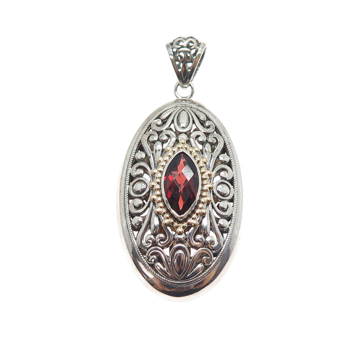 ART'S ELEGANCE 925 Sterling Silver 14K Gold Vintage Real Red Garnet Pendant