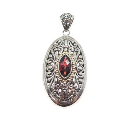 ART'S ELEGANCE 925 Sterling Silver 14K Gold Vintage Real Red Garnet Pendant