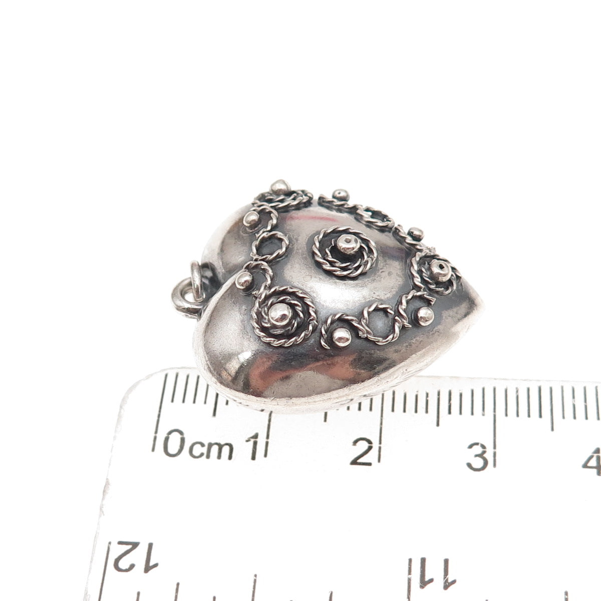 925 Sterling Silver Antique Art Deco Chatelaine Heart Oxidized Charm Pendant
