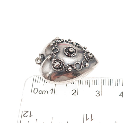 925 Sterling Silver Antique Art Deco Chatelaine Heart Oxidized Charm Pendant
