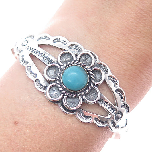 925 Sterling Silver Vintage Mexico Real Turquoise Flower Adjustable Bracelet 7"