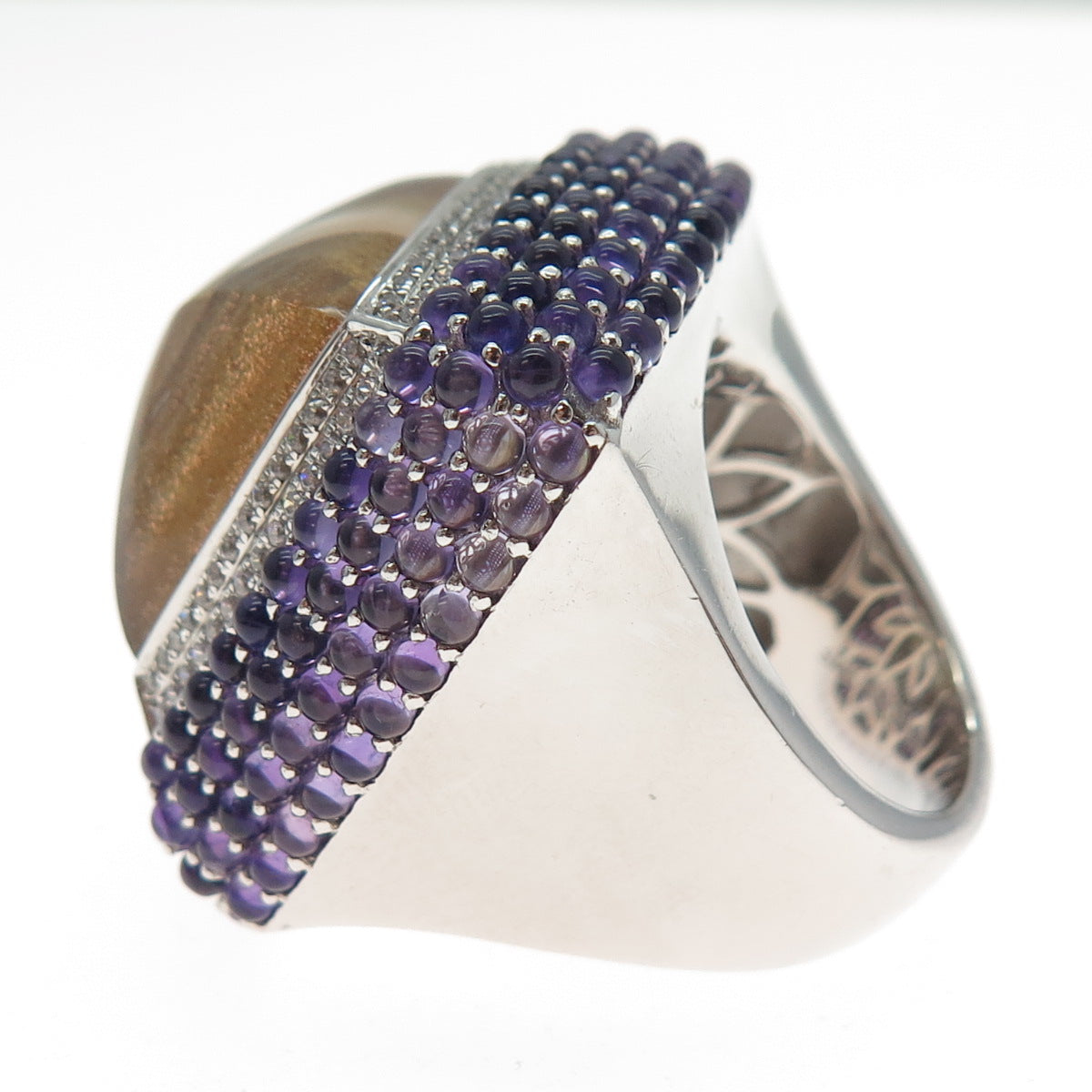 925 Sterling Silver Real Rutilated Quartz Amethyst & C Z Statement Ring Size 7