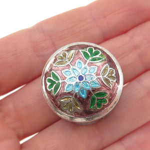 925 Sterling Silver Vintage Enamel Floral Snuff / Pill Box