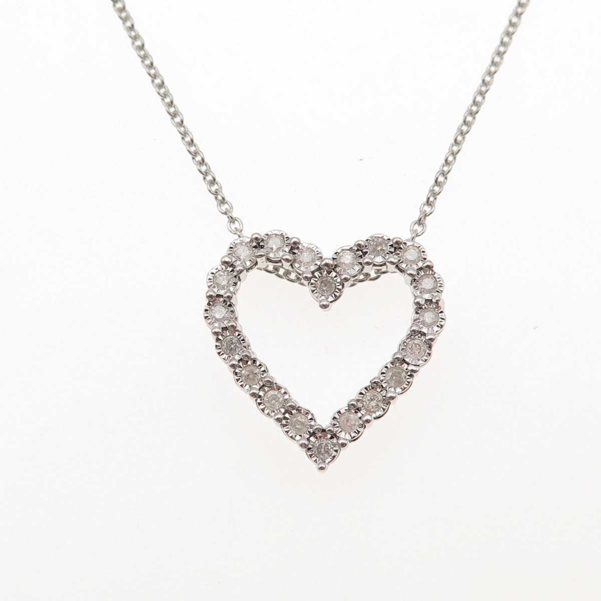 925 Sterling Silver Real Round-Cut Diamond Heart Cable Chain Necklace 18"