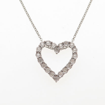 925 Sterling Silver Real Round-Cut Diamond Heart Cable Chain Necklace 18"