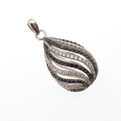 925 Sterling Silver Real Round-Cut Black Spinel & C Z Teardrop Charm Pendant