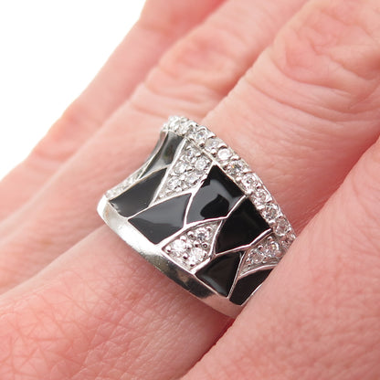925 Sterling Silver Enamel Round-Cut C Z Modernist Ring Size 7