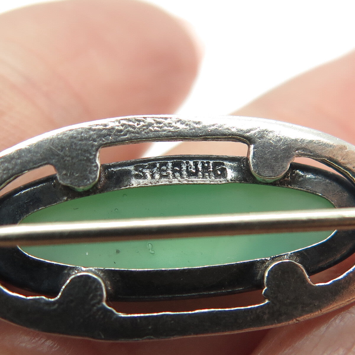 925 Sterling Silver Antique Green Glass Oxidized Pin Brooch