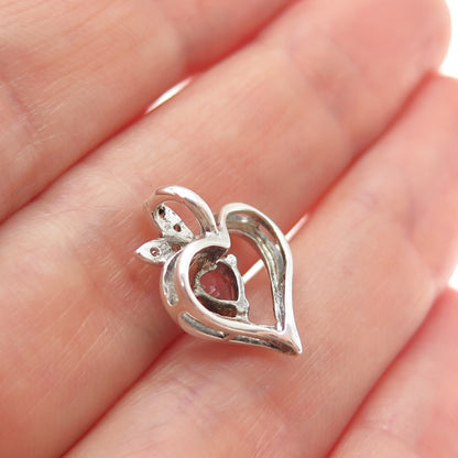 925 Sterling Silver Vintage Real Amethyst & C Z Heart Minimalist Slide Pendant