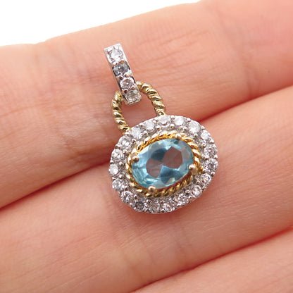925 Sterling Silver 2-Tone Real Aquamarine & C Z Mini Charm Pendant