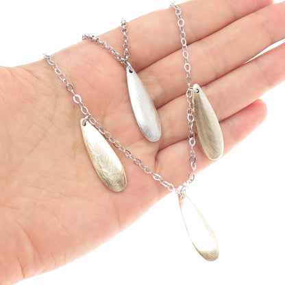925 Sterling Silver 2-Tone Vintage Modernist Teardrop Double Chain Necklace 16"