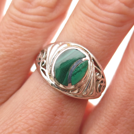 925 Sterling Silver Vintage Real Malachite Floral Scroll Oxidized Ring Size 8.75