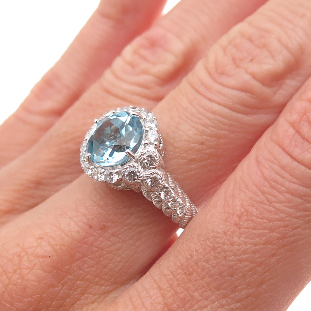 Judith Ripka 925 Sterling Silver Real Blue Topaz & C Z Ring Size 7.25