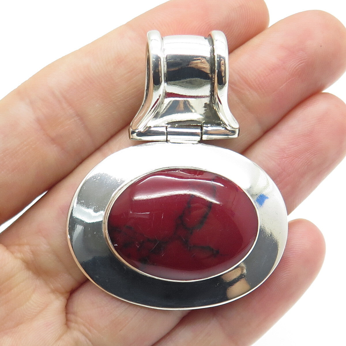 925 Sterling Silver Vintage Real Red Turquoise Modernist Pendant