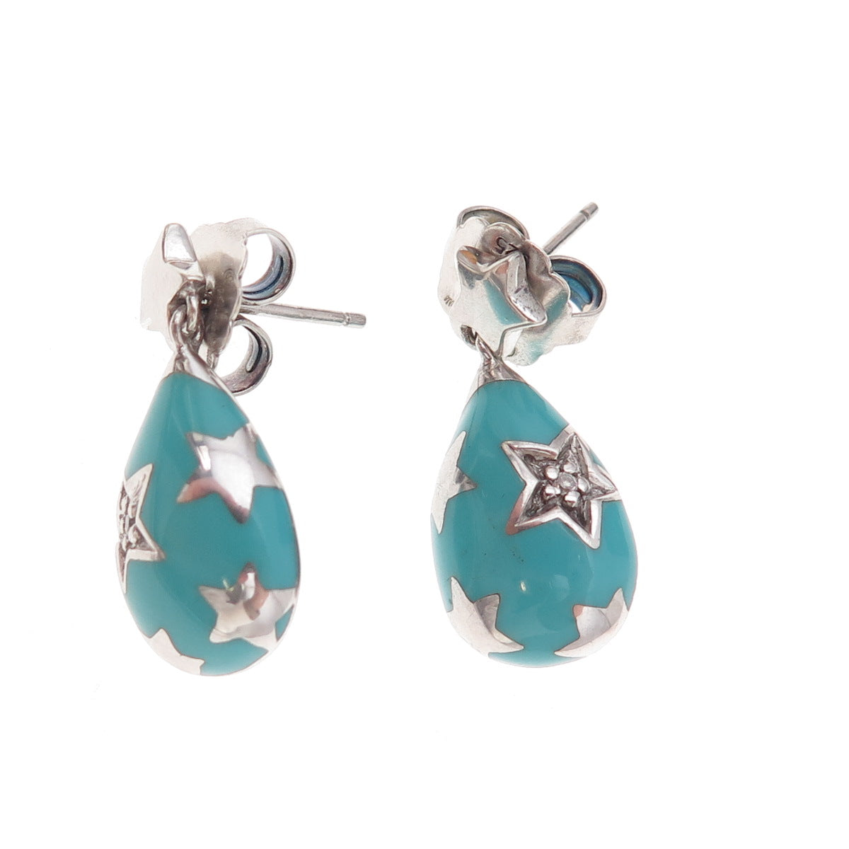 Angelique de Paris 925 Sterling Silver Enamel & C Z Star Dangle Earrings