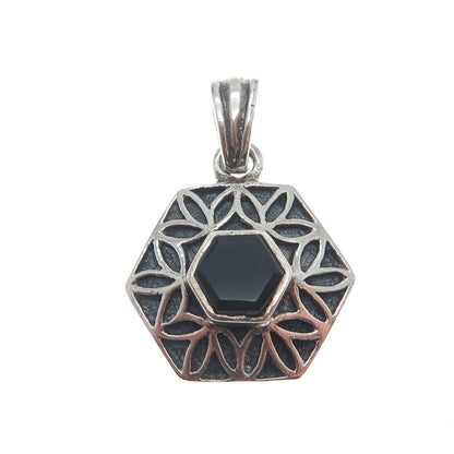 925 Sterling Silver Vintage Real Black Onyx Flower Hexagon Mini Charm Pendant