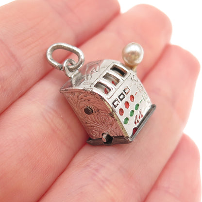 925 Sterling Antique Enamel Real Pearl Slot Machine Casino Lucky 3D Mini Pendant