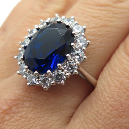 925 Sterling Silver Oval-Cut Blue & Round-Cut White C Z Ring Size 10