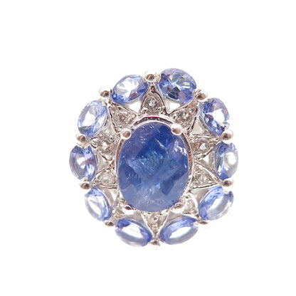 925 Sterling Silver Real Oval-Cut Tanzanite & Round-Cut White Topaz Ring Size 6