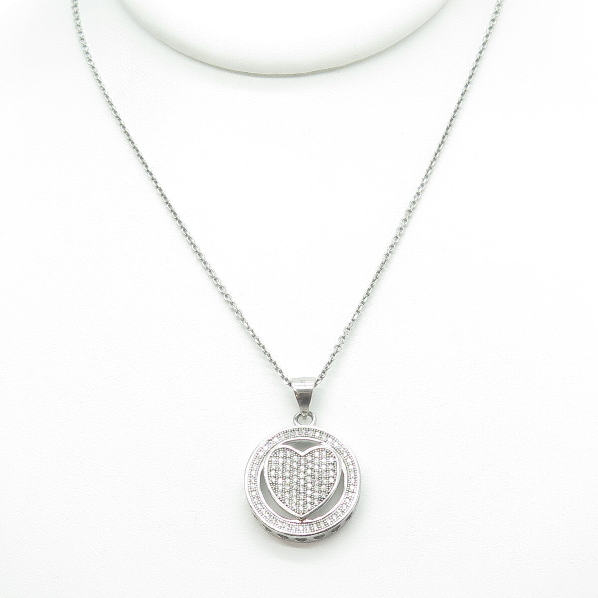 925 Sterling Silver Italy Round-Cut C Z Circle of Life Heart Chain Necklace 16"