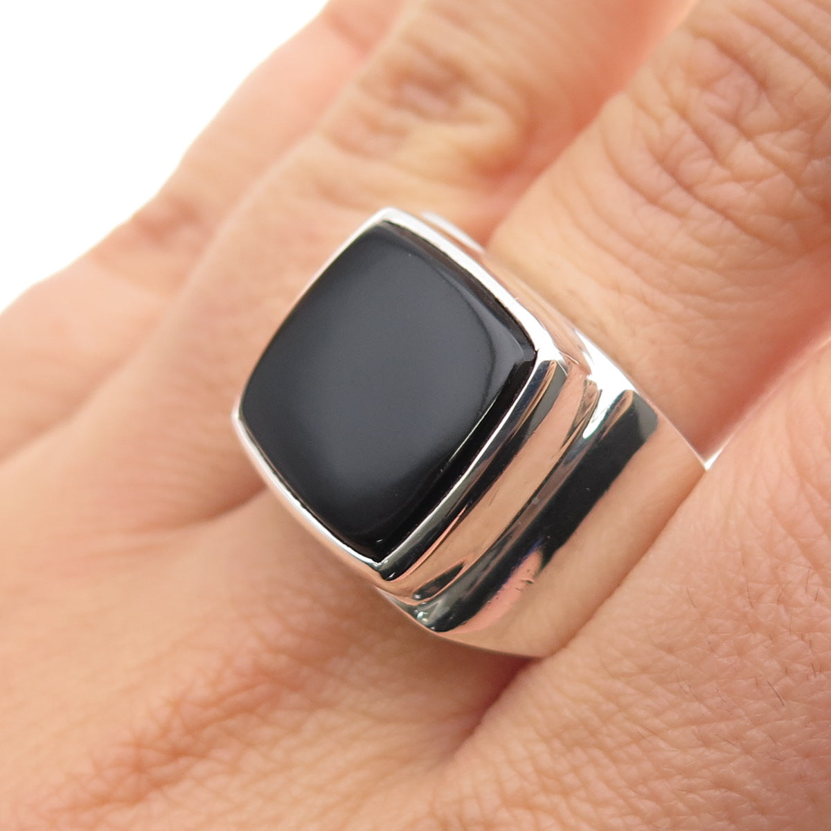 925 Sterling Silver Vintage Real Black Onyx Signet Ring Size 9.25