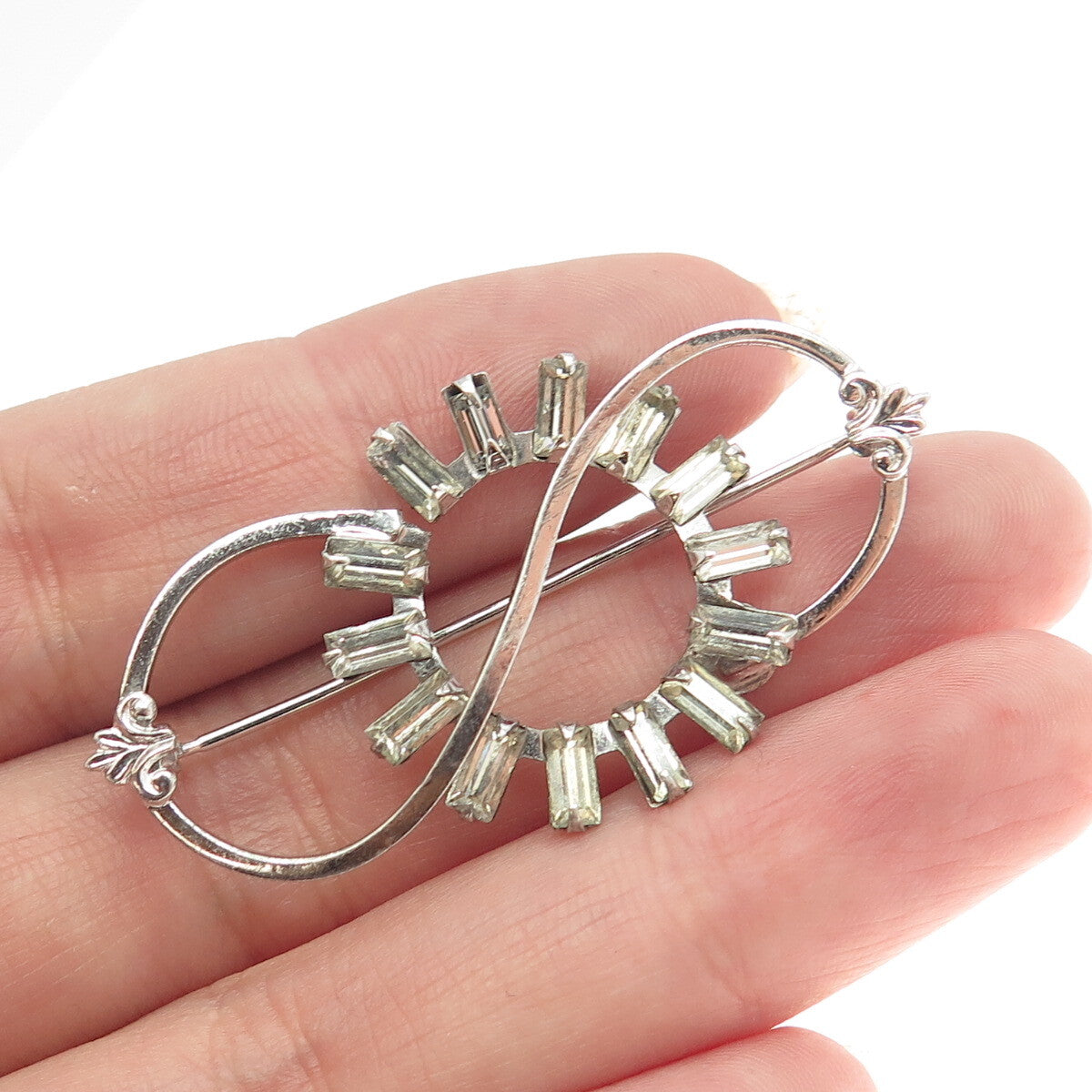 AMCO Sterling Silver Antique Art Deco Baguette-Cut Rhinestone Infinity Brooch