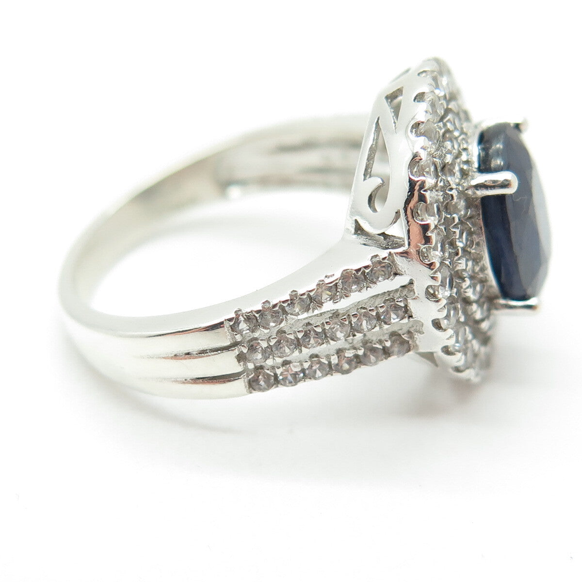 925 Sterling Silver Real White Topaz & Sapphire Gemstone Ring Size 6.25
