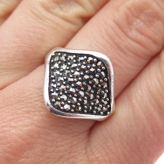 925 Sterling Silver Vintage Real Marcasite Modernist Oxidized Ring Size 9