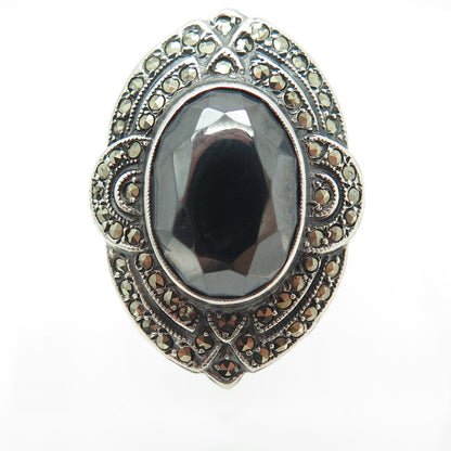 UNCAS 925 Sterling Silver Antique Real Hematite & Marcasite Gem Ring Size 6.25