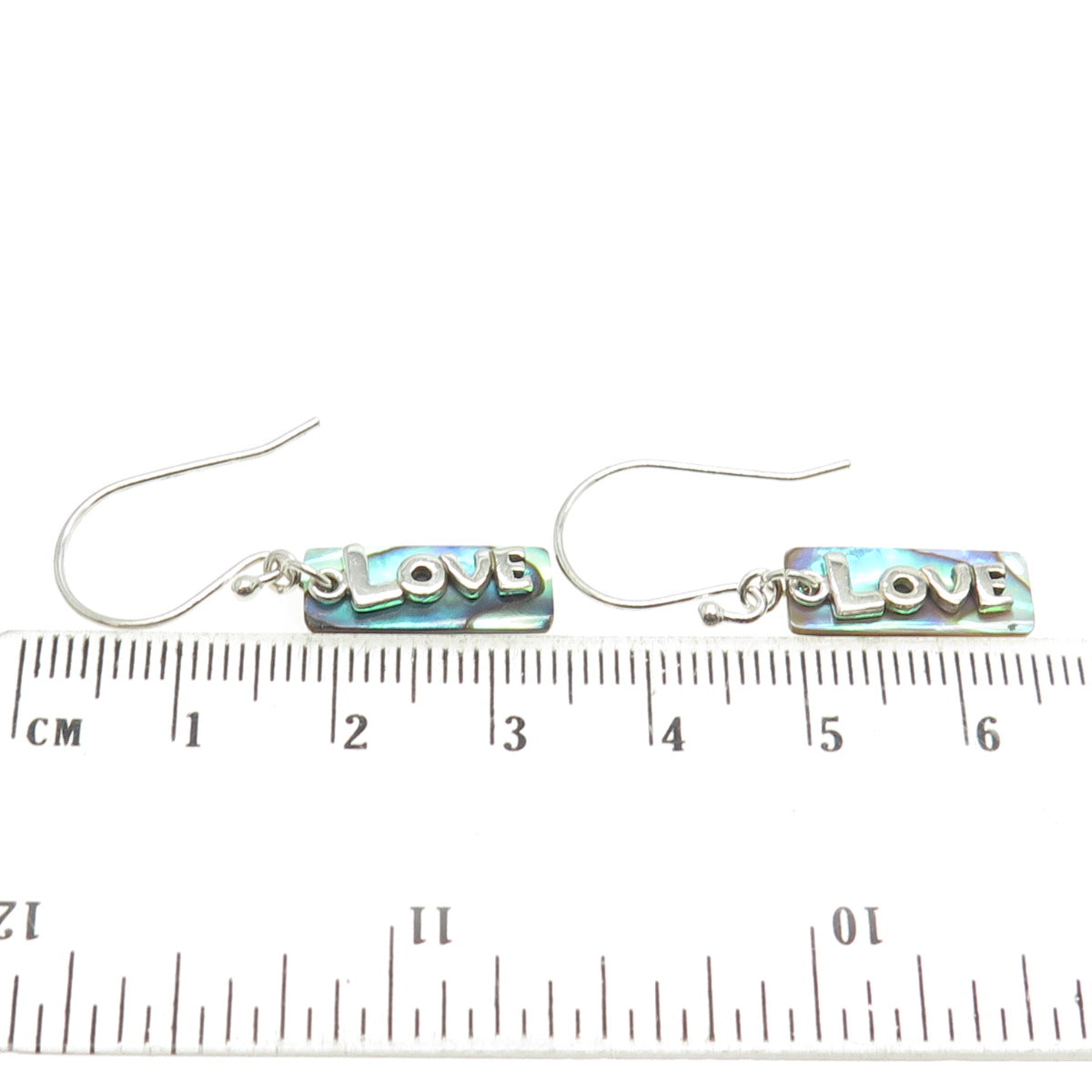 925 Sterling Silver Real Abalone Shell "LOVE" Dangling Bar Earrings