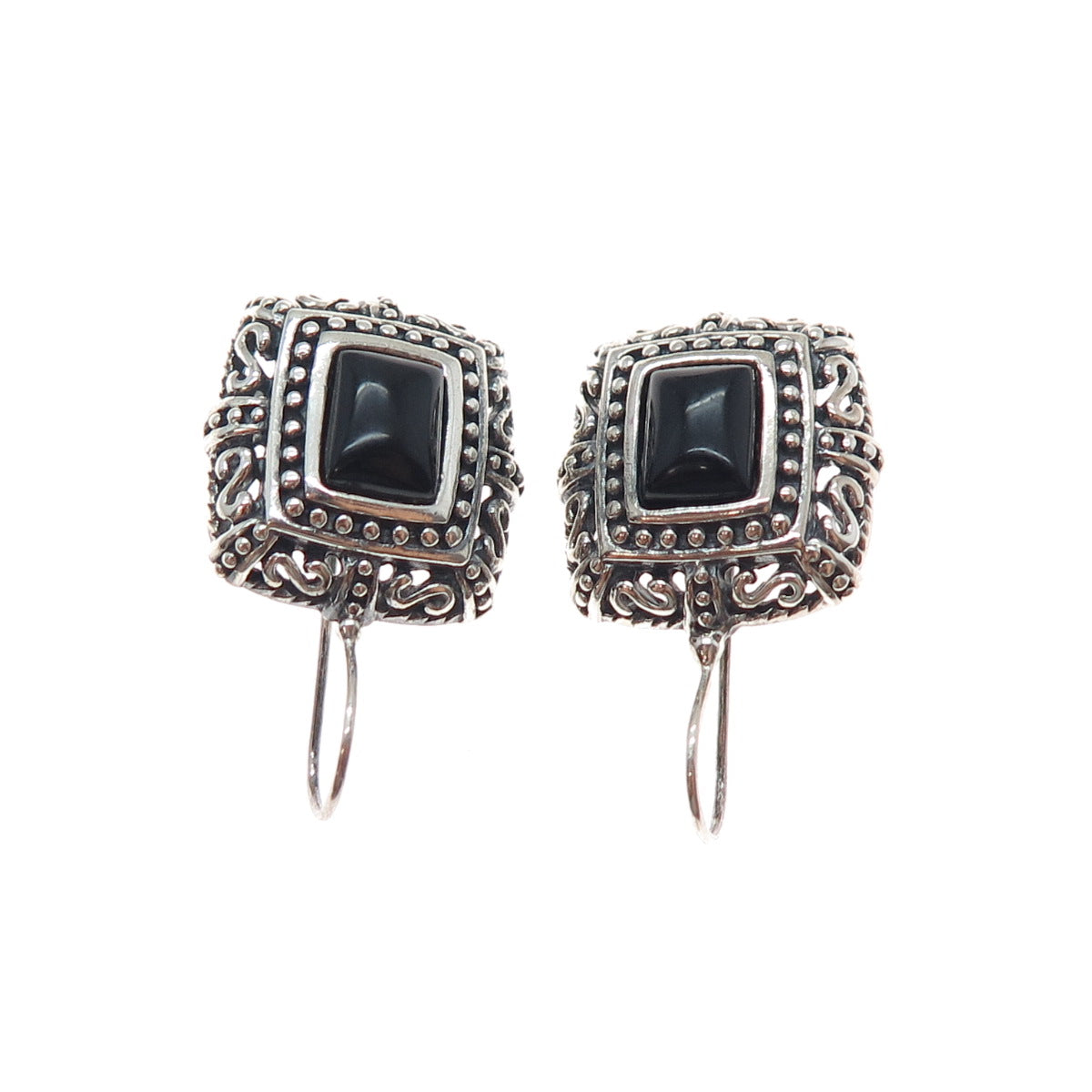 925 Sterling Silver Vintage Real Black Onyx Ornate Oxidized Dangle Earrings