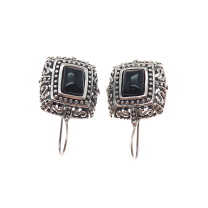 925 Sterling Silver Vintage Real Black Onyx Ornate Oxidized Dangle Earrings