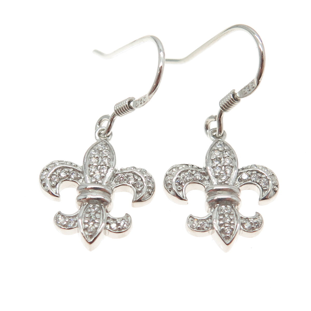 925 Sterling Silver Round-Cut C Z Fleur de Lis Dangling Earrings