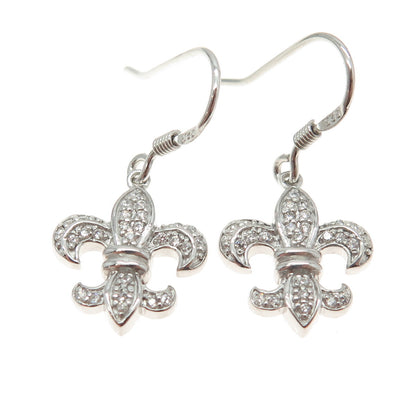 925 Sterling Silver Round-Cut C Z Fleur de Lis Dangling Earrings