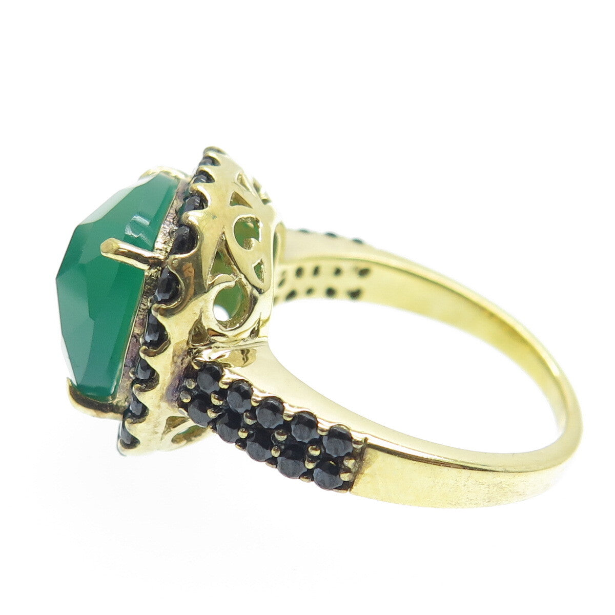 925 Sterling Silver Gold Plated Real Green Onyx & Black Spinel Ring Size 7.25