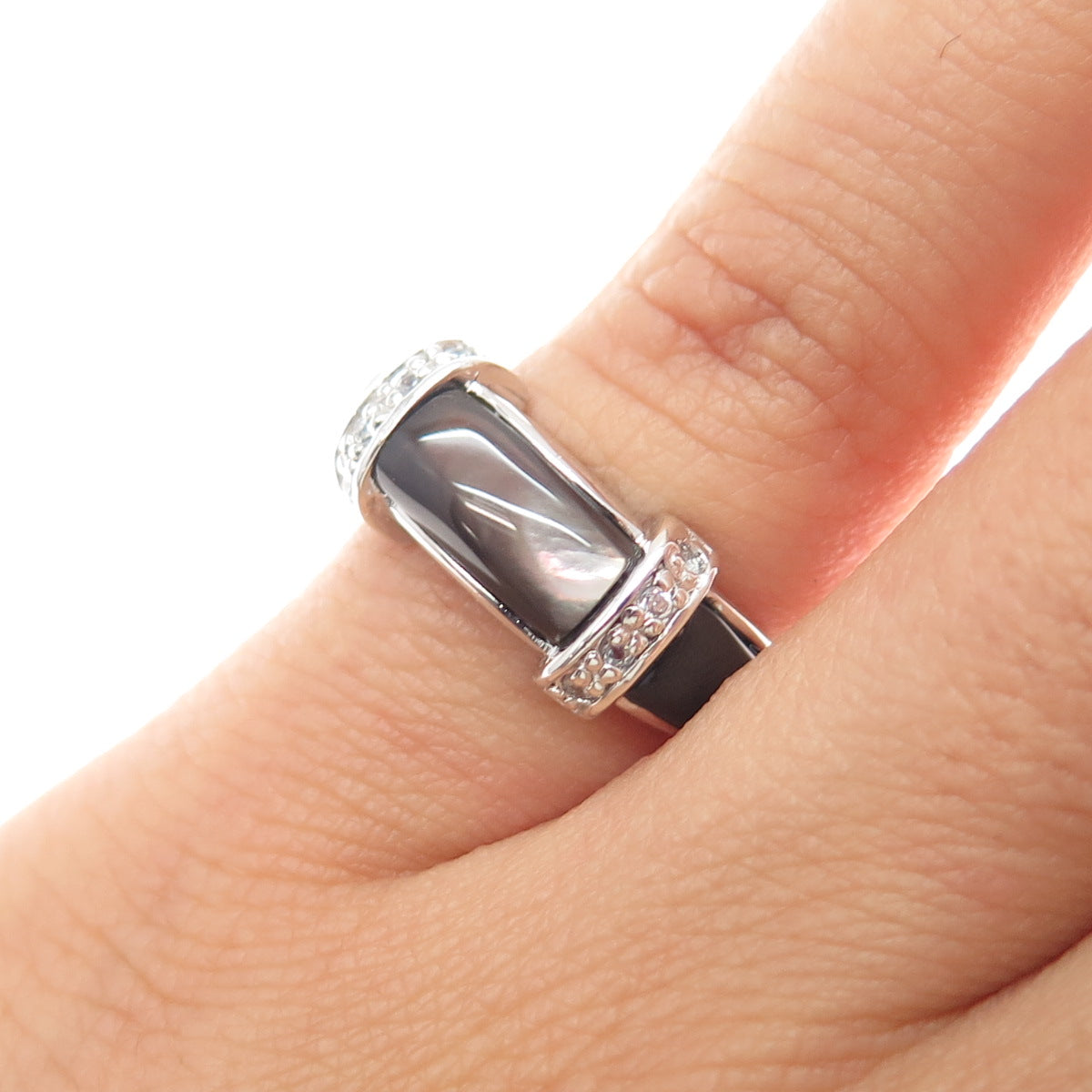 925 Sterling Silver Vintage Real Abalone Shell & C Z Ring Size 5.5