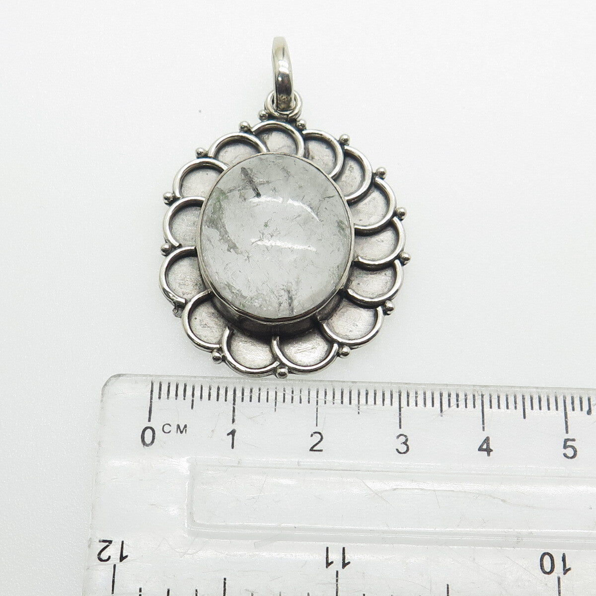 925 Sterling Silver Vintage Real Rutilated Quartz Flower Oxidized Pendant
