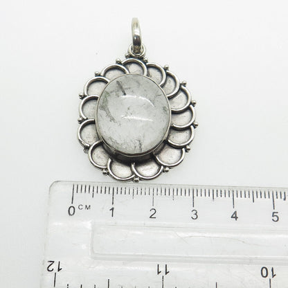 925 Sterling Silver Vintage Real Rutilated Quartz Flower Oxidized Pendant