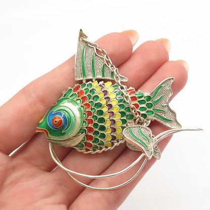 925 Sterling Silver Antique Enamel Chinese Koi Fish Articulated Chatelaine Fob