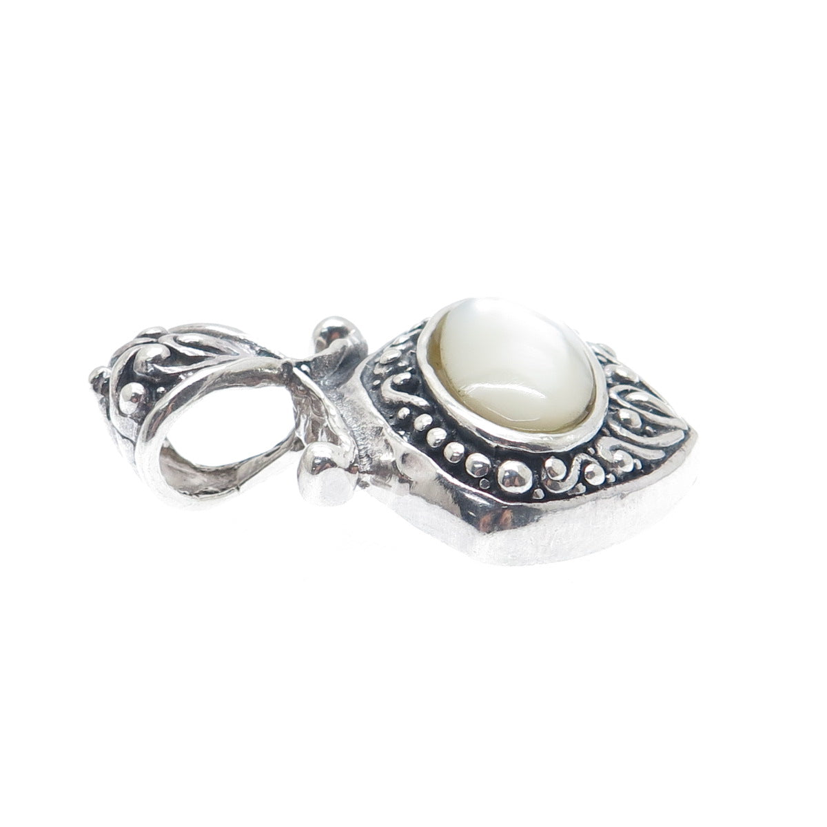 925 Sterling Silver Vintage Real Mother-of-Pearl Beaded Floral Pendant