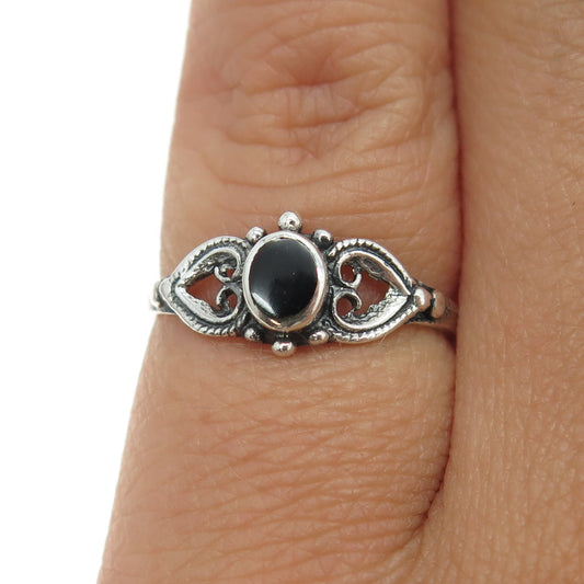 925 Sterling Silver Vintage Southwestern Real Black Onyx Heart Ring Size 4.5